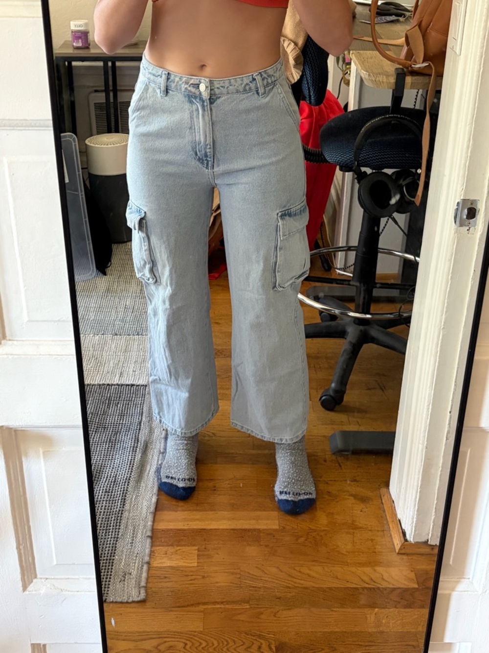 Light Blue Cargo Wide-Leg Jeans with Utility Pockets